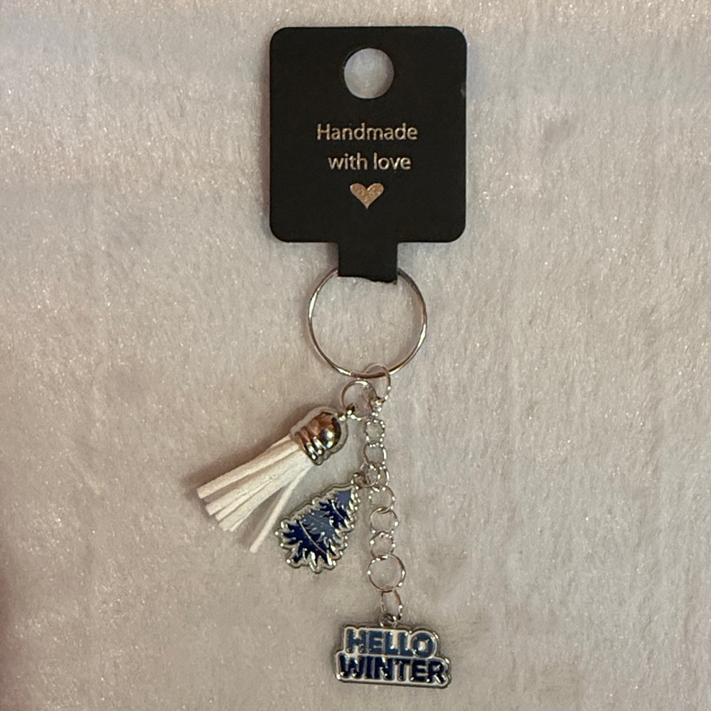 🎄 🎁Handcrafted- Silver tone Christmas keychain - hello winter and blue pine tree